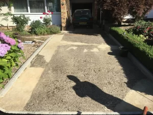 A weathered concrete driveway with plants and shrubs lining it in front of a house